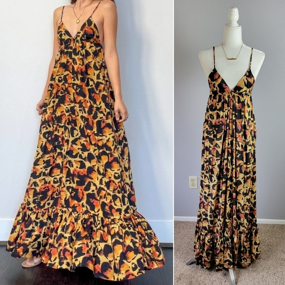 TORN BY RONNY KOBO // Carmen cheetah silk long voluminous adjustable maxi dress